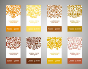 Set of banners with ethnic ornaments and patterns of the mandala. Vector decorative card or invitation design. Islam, Arabic, Indian, Turkish. Antiques, paintings, jewelry. Easy to use and edit