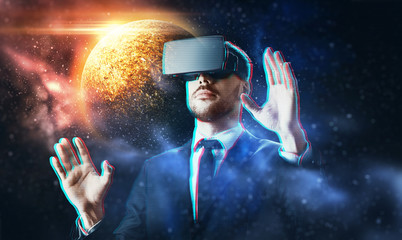 business, people, augmented reality and modern technology concept - businessman in virtual headset over space background