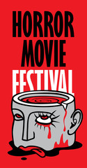 Fototapeta premium Vector banner for festival horror movie. Severed human head with blood tears in a puddle of blood. Scary movie promotional print. Can be used for advertising, banner, flyer, web design
