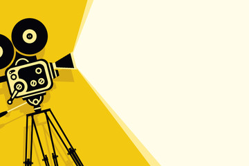 Vector yellow background with lighting old fashioned movie camera on the tripod. Can used for banner, poster, web page, background