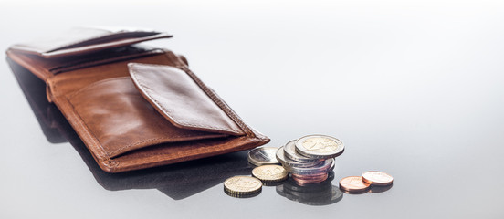 Finanzen, Geldbörse und Eurobargeld auf spiegeldem Tisch, Hintergrund, Panorama