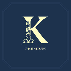 Capital letter K. Calligraphic beautiful logo with tape for labels. Graceful style. Vintage drawn emblem for book design, brand name, business card, Restaurant, Boutique, Hotel. Vector illustration