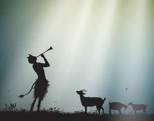 faun shepherd herds the goats in the morning sun rays, satyr, - obrazy, fototapety, plakaty