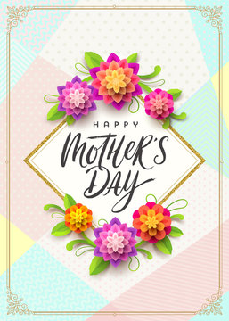 Happy mother's day - Greeting card. Brush calligraphy greeting and flowers on pattern background. Vector illustration.