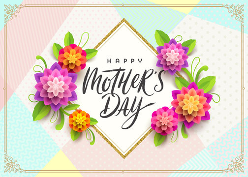 Happy mother's day - Greeting card. Brush calligraphy greeting and flowers on pattern background. Vector illustration.