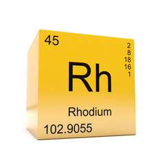 Rhodium chemical element symbol from the periodic table displayed on glossy yellow cube