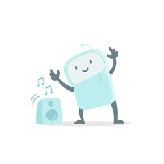 Robot toy listens to music and dances. Cute small new emoji sticker Icon. Very cute for child kid audio. You are beautiful. Flat color vector illustration