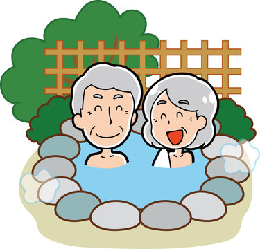 露天風呂・温泉に入る老夫婦のイラスト素材