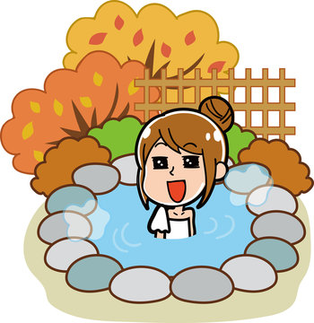 露天風呂・温泉に入る女性のイラスト素材（秋）