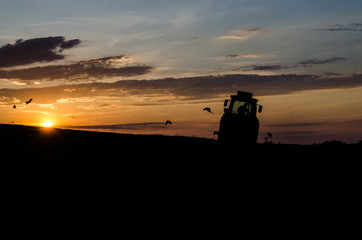 Processing the land at sunset. Tractor plows the land in spring