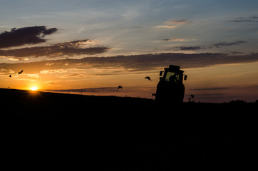 Naklejka premium Processing the land at sunset. Tractor plows the land in spring