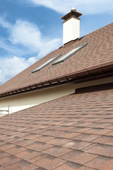 Roofing construction and building new house with modular chimney, skylights, attic, dormers and...