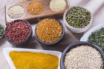 Different super foods organized as a collection on the table