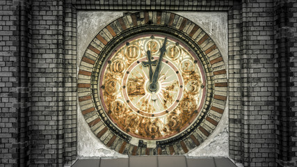 Close up of old and vintage clocks on the tower of church.