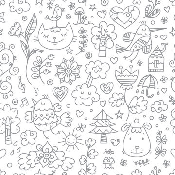 Seamless pattern with cute cartoon cats, dogs and birds on white  background. Flowers and plants of  spring time. Vector contour doodle style image. 