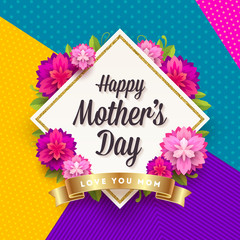 Happy mother's day - Greeting card. Frame with greeting, flowers and golden ribbon on a pattern background. Vector illustration.