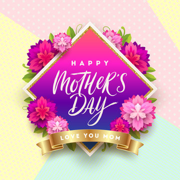 Happy mother's day - Greeting card. Brush calligraphy greeting and flowers on a pattern background. Vector illustration.