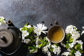Traditional ceramic cup of hot green tea with black iron teapot, spring flowers white magnolia and cherry blooming branches over dark blue texture background. Top view, copy space. © Natasha Breen
