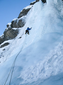 ice climbing in the Sertig Valley near Davos in the Swiss Alps