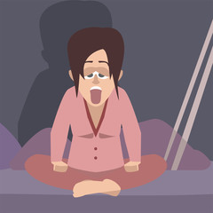 sleepy woman sitting on the bed cartoon
