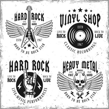 Rock music vector monochrome emblems or labels