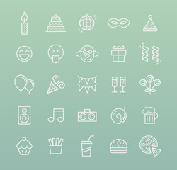 Set of Quality Universal Standard Minimal Simple White Thin Line Party and Birthday Icons on Color Background 
