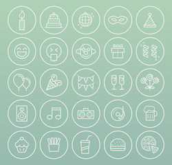 Fototapeta premium Set of Quality Universal Standard Minimal Simple White Thin Line Party and Birthday Icons on Circles on Color Background 