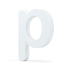White small letter P isolated on white background. 3d rendering.