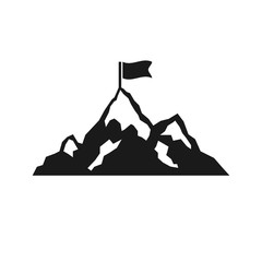 Mountain with flag icon isolated on white background. Vector illustration.