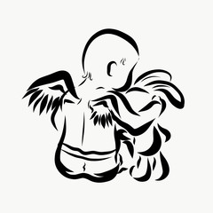 Winged baby in a diaper hugs a plush hare