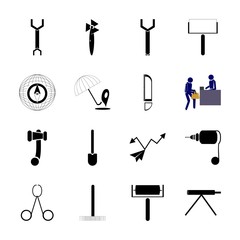 icon Instruments And Tools with motor, black icon, lens, meat hummer and pictocram