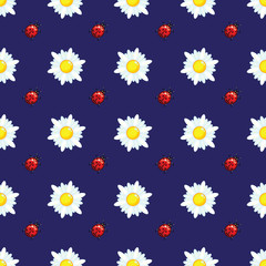 Cotton fabric Daisies and ladybugs on blue.