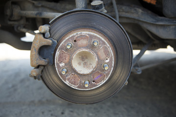 vulcanizer, changes the tires on the car,substitution of season rubber on machine old, rusty disk close