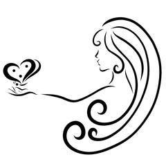 Girl with long hair with a butterfly in her hand, creative, logo