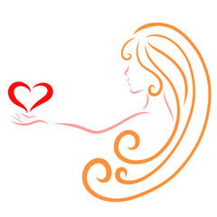 Beautiful long-haired girl with a heart in her hands