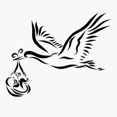 Stork flying with a newborn baby, black lines