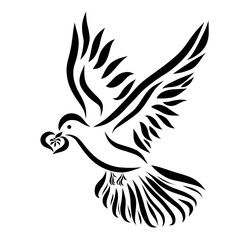 A beautiful flying dove with a heart in its beak