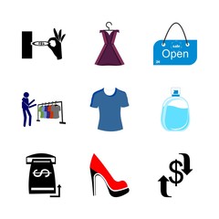 icon Shopping Tools with pound, credit, style, women dress and bank
