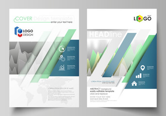The vector illustration of the editable layout of two A4 format modern covers design templates for brochure, magazine, flyer, report. Rows of colored diagram with peaks of different height.