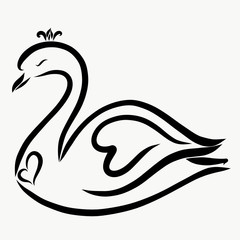 Swan graceful princess in the crown, with hearts