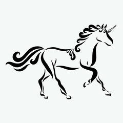 Graceful unicorn, smooth black lines and curls