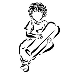 Curly boy with a roll of paper, a newspaper or a poster in his hands