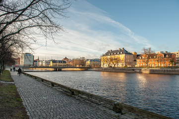 Fototapeta na wymiar Motala river and the waterfront in Norrkoping during late fall in Sweden