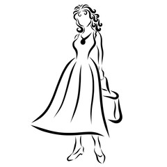 Girl in retro dress with wavy hair, with bag, beauty
