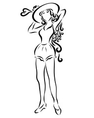 Beautiful lady in a beautiful retro swimsuit and a fashionable hat