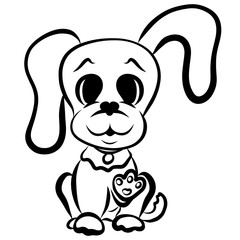 Funny puppy with a big head and long ears, greeting