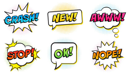 Retro comic speech bubbles set on white background. Expression text STOP, OK, NOPE, CRASH, NEW, AWWW. Vector illustration, pop art style.