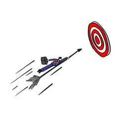 businessman holding arrow going to the target vector illustration sketch hand drawn with black lines isolated on white background