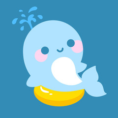 Kawaii illustration of a cute baby whale sunbathing over a yellow float in the swimming pool or sea in Summertime. Life is this! 