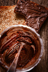 Empty can of chocolate paste with a spoon inside and bitten toast bread with chocolate paste spread on it
